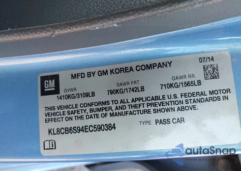 2014 Chevrolet Spark Ls Auto z USA, uszkodzony, nr VIN KL8CB6S94EC590384